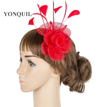Doamne elegante Femei Roșu Fascinator Pălării Albe Sinamay Florale Chapeau Pălărie de Nunta cu Pene de Caciula Pe Piepteni Parul Vara MYQ056