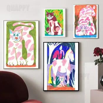 Rezumat Animale Poster Roz Reperat Pisica Arta de Perete Panza Pictura Pepinieră Imagine de Desene animate Pentru Camera copiilor Decor Acasă
