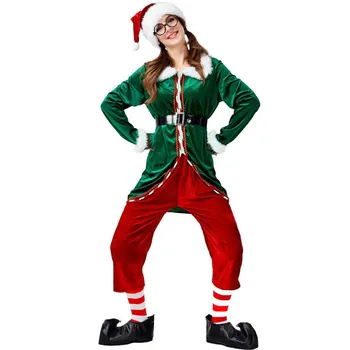Deluxe 6Pcs Femei Crăciun Costum Cosplay Moș Crăciun Costum Uniforma Pentru Adulți Elf Verde de Vacanță de Crăciun Petrecere Rochie Fancy