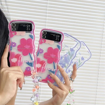 Coreea Drăguț Floare de Lalea Ondulat Caz de Telefon Pentru Samsung Galaxy Z Flip 5 4 3 Z Flip3 Flip5 Flip4 5G Acoperă cu Lanț Silicon Cazuri