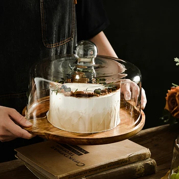 Sticlă transparentă capota tort tava ceai după-amiaza mare tort capota display placa, degustare de fructe de înmatriculare, din lemn masiv desert tava