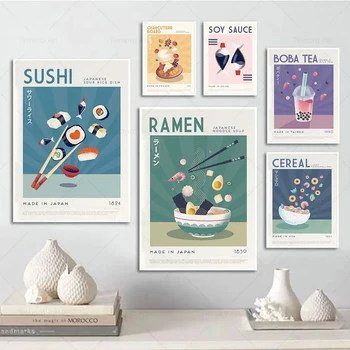 Amuzant Mâncare Japoneză Poster Boba Ceai Cereale Ramen Sushi Cu Sos De Soia Arta De Perete Pictura Panza De Imprimare Imagine Bucătărie Acasă Decor De Perete