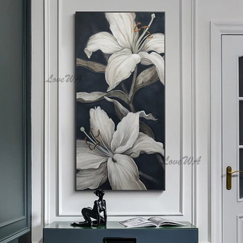 Handmade Alb Floare De Lotus Pictura Ulei Picturi Abstracte De Artă Flori Neînrămate Imagini Decorative Acasă Decorare Arta De Perete
