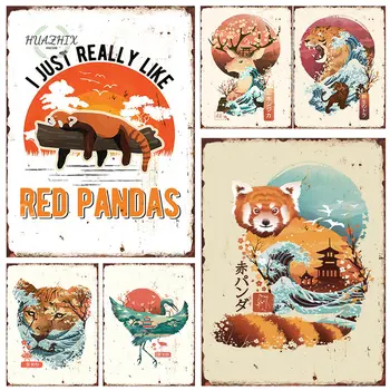 Ukiyo E Red Panda Retro De Metal De Staniu Semne Acasă Living Studiu Placi De Decor Vintage Foaie De Fier Pictura Decor De Perete De Arta