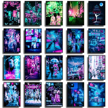 Japonia modernă Oraș Neon Vedere de Noapte Poster 80 Vaporwave Stil Tokyo Poster de Arta de Perete Poza Cameră Decor Acasă Imprimare Panza Pictura