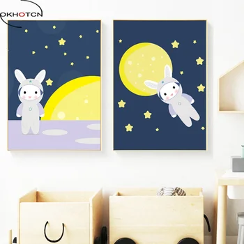 OKHOTCN Nordic Iepure de Desene animate Luna Steaua Arta de Perete Panza Pictura Animal Canvas Wall Art Poze Camera Pepinieră opera de Arta Decorativa