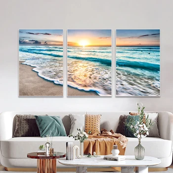3Panel Sunset Beach Blue Sea Panza Tablou Peisaj Nordic Arta de Perete Postere Si Printuri Pentru Camera de zi de Decorare Acasă