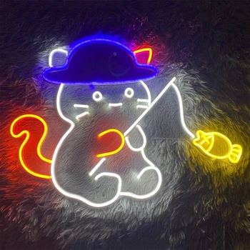 Pălărie Drăguț Pisica Semn De Neon Pisica De Pescuit Cu Led-Uri Semn De Interior, În Aer Liber, Decor De Perete Personalizate Semn De Neon Cadouri