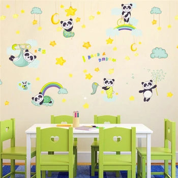 panda minunat vis, stele, nori albi autocolante de perete pentru camere de copii decor de desene animate de animale decalcomanii de perete de artă din pvc poster diy murală