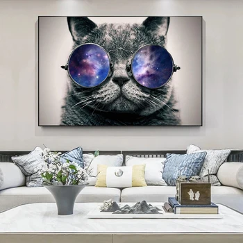 Pisica Cu Galaxy Ochelari Panza Pictura Postere si Printuri Moderne de Animale Arta de Perete Imaginile Pentru Camera de zi de Decorare Acasă