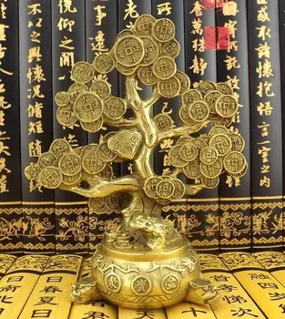 Chineză Alamă 19CM Monedă Copac Statueta Feng Shui Avere Bani Broasca Cifre Decor