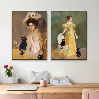 Doamna în Rochie de Aur Arta Retro Poster Amuzant Cat de Artă Pictură în Ulei Vintage Lady Portret Panza Pictura Decor Dormitor
