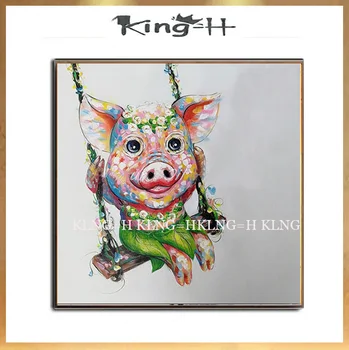 Pret redus de Mână-pictat de Înaltă Calitate Moderne Animal Minunat de Porc Ulei Pictura pe Panza de Animale Drăguț de Porc Fată cu Rochie de Pictură în Ulei