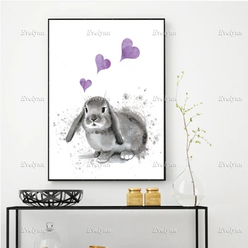 Drăguț Bunny Imprimare, Gri Acuarelă Iepure Arta Poster,Drăguț Animal Print Canvas Decor,Violet, Gri, Fată Decor Pepinieră Cadru Flotant