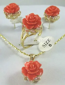 De Vânzare la cald Frumos, placat cu Aur Rose Coral Flori Pandantiv Cercei set Inel