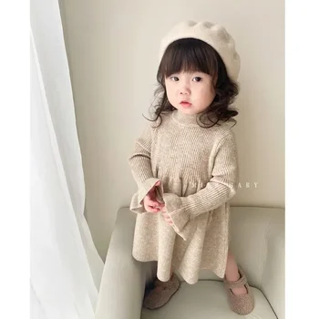 Tricotate cu mâneci Lungi Rochii Casual Printesa Flare Maneca Rochii de Fete de Iarna coreean Copilul Solid Cald Moda Copii