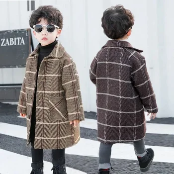 110-170 Băieți Haină De Lână Pentru Iarnă 2024 Noua Moda Rândul Său Guler Gros Plus De Bumbac Cald Palton În Carouri, Jachete De Înaltă Calitate
