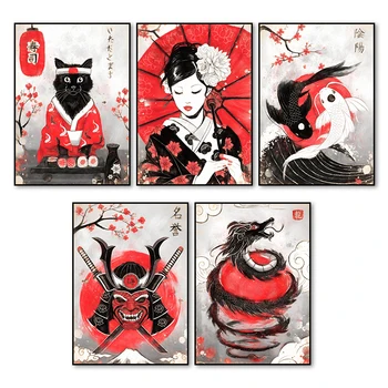 Samurai Japonez Poster Pește Geisha Dragon Print Canvas Art Ulei Pictura Murală Poster De Perete Decor