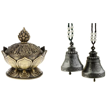 Promovare! Lotus Fum de Tămâie Con Aroma Arzător Aragaz Refluxul Cădelnița Cu 2 buc Vintage Chineză Dragon Phoenix Vânt Chime Bell