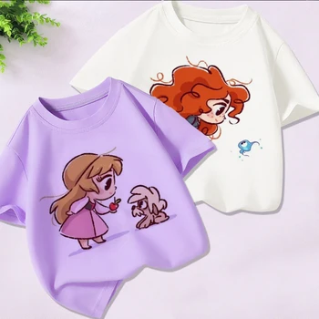 Desene Animate Disney Printesa De Imprimare T-Shirt Alb Violet Echipajul Gât Top 2022 Vara Noi De Moda Si Frumos Kawaii Haine Copii Fete